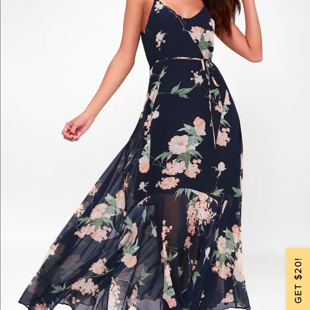 LULUS Feeling Freesia Navy Blue Floral Print Maxi Dress